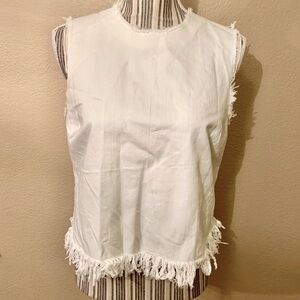 K/Lab Sleeveless Top Medium White Muscle Tank Round Neck Back ZipUp Fringe